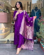 Purple Chinnon Embroidered Kurta with Pant and Dupatta Set