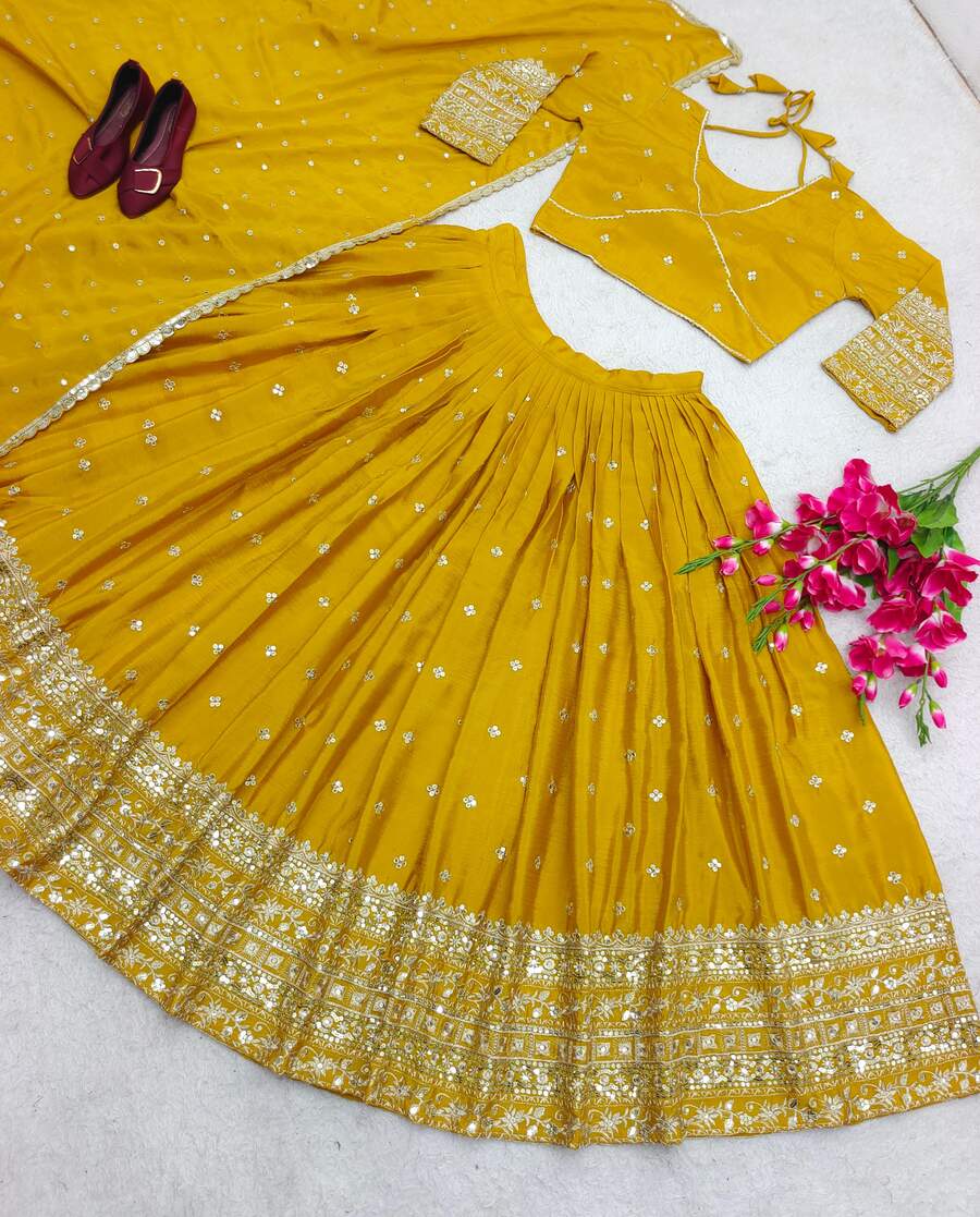 Women's Embroidered Sequins Lace Chinnon Lehenga with Dupatta Set