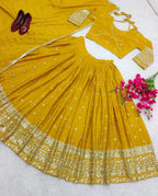 Women's Embroidered Sequins Lace Chinnon Lehenga with Dupatta Set