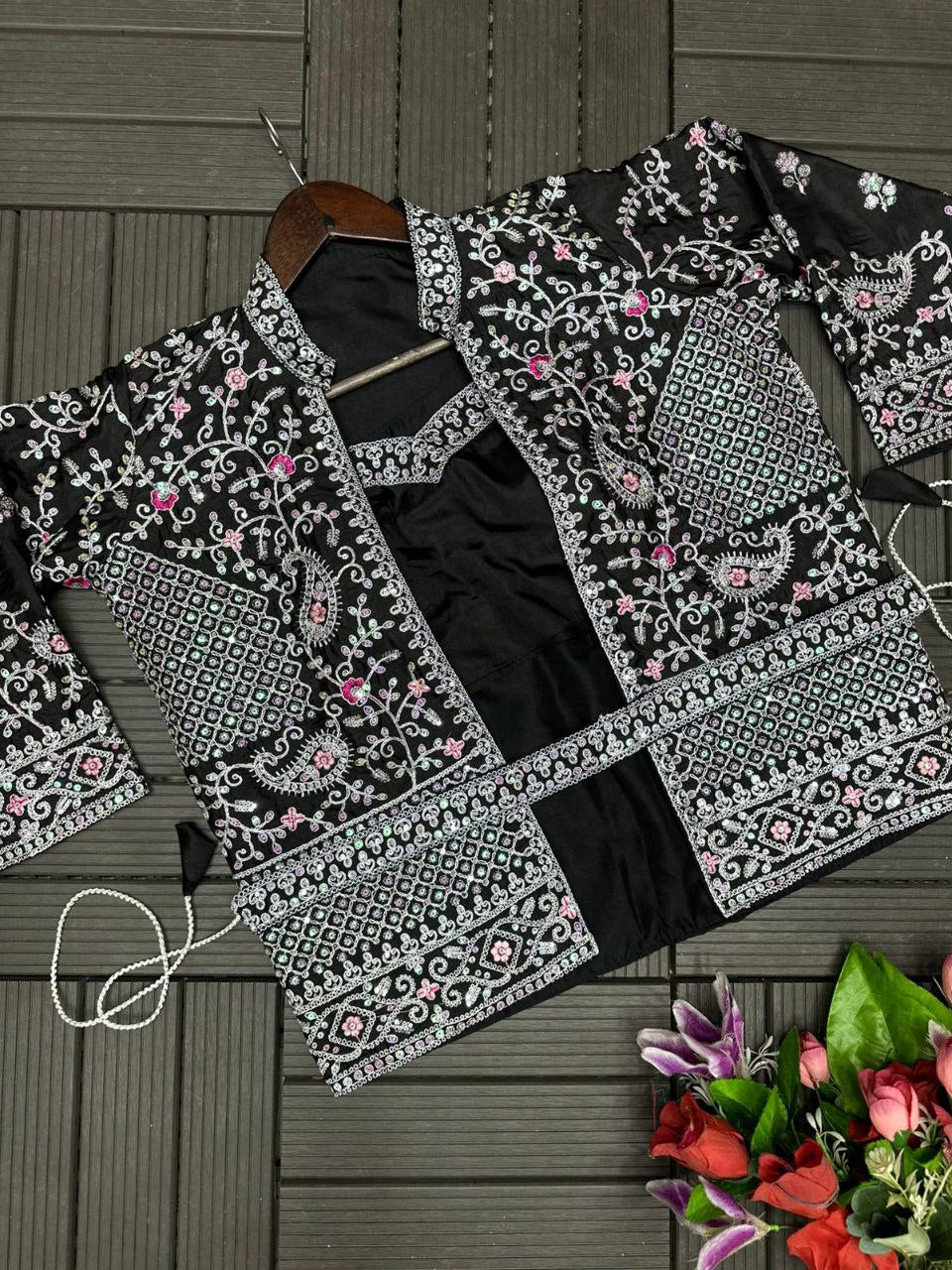 Embroidered Sequin Jacket with Ready-to-Wear Saree and Belt