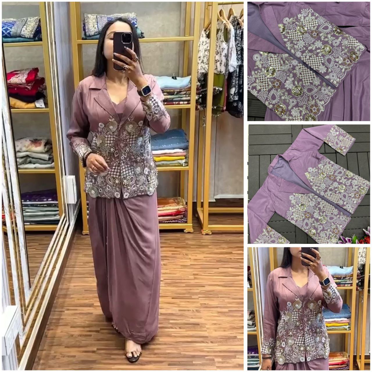 Indo-Western Draped Skirt & Crop Top with Embroidered Blazer Jacket