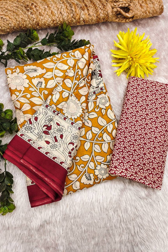 Woman's Kalamkari Hand Block Print Saree with Mulmul Cotton