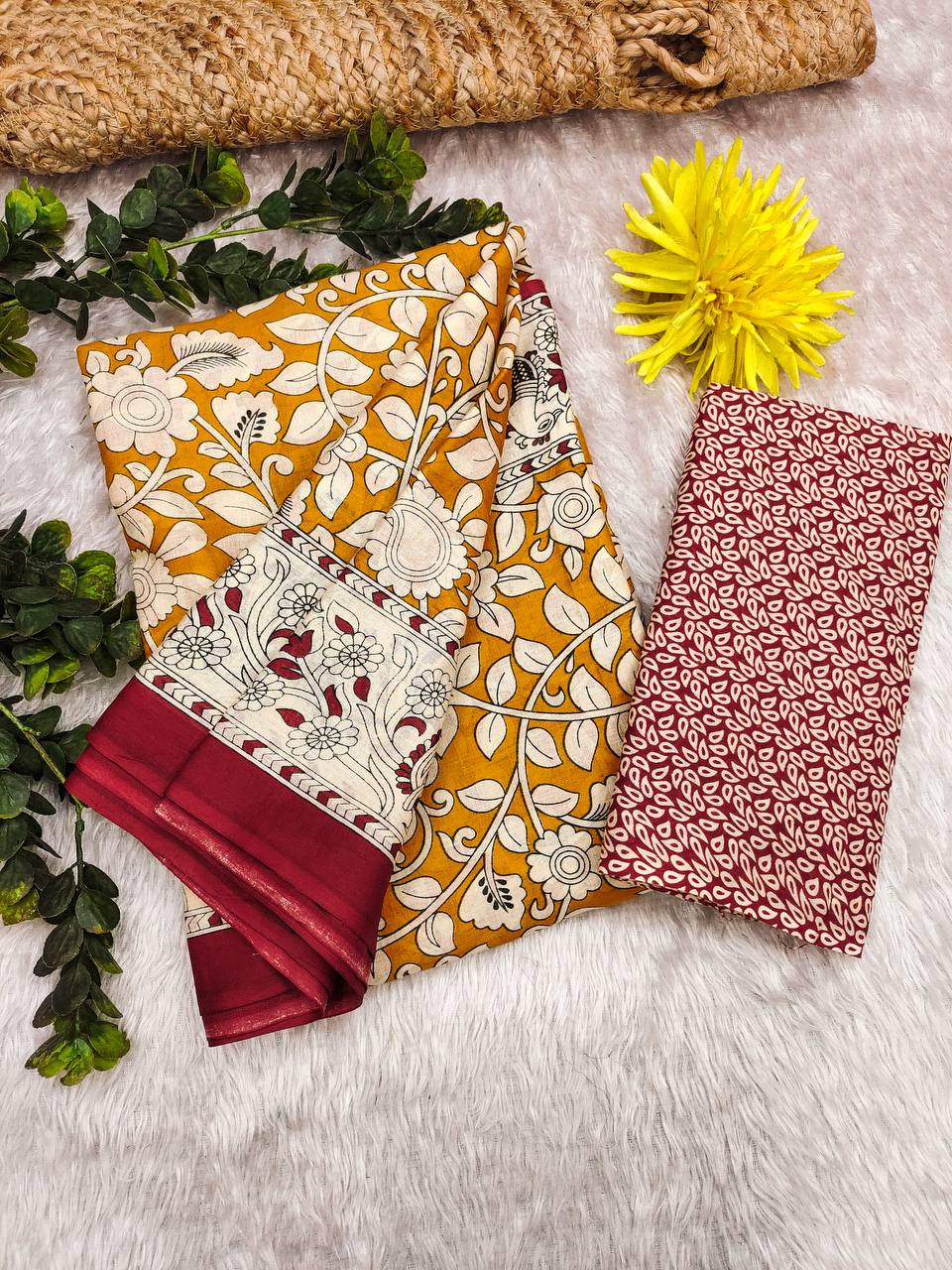 Woman's Kalamkari Hand Block Print Saree with Mulmul Cotton