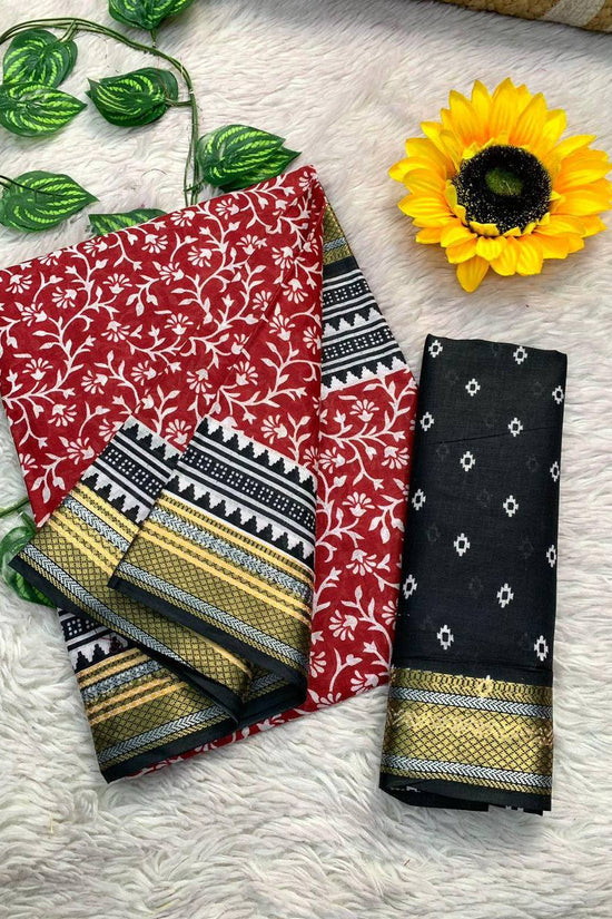 Ajrakh Printed Elegance Mulmul Cotton Zari Border Saree