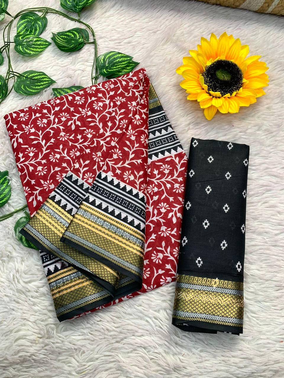Ajrakh Printed Elegance Mulmul Cotton Zari Border Saree