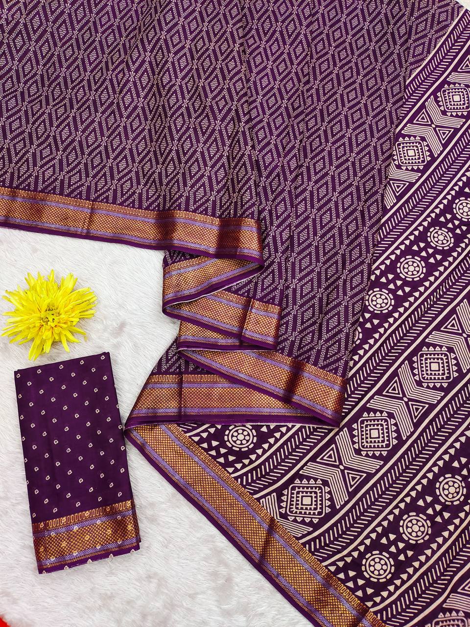 Bandhni Printed Elegance Mulmul Cotton Zari Border Saree