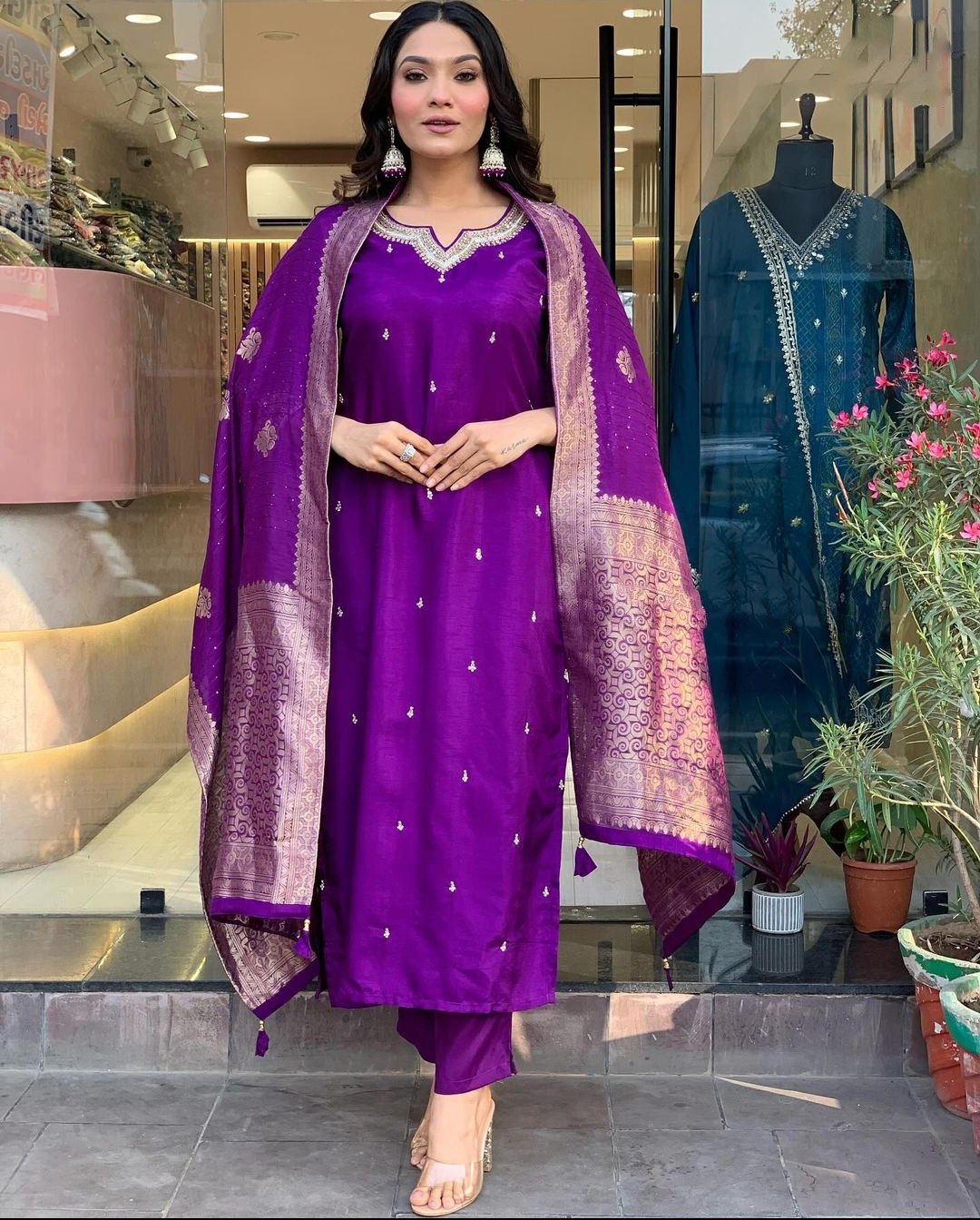 Purple Chinnon Embroidered Kurta with Pant and Dupatta Set