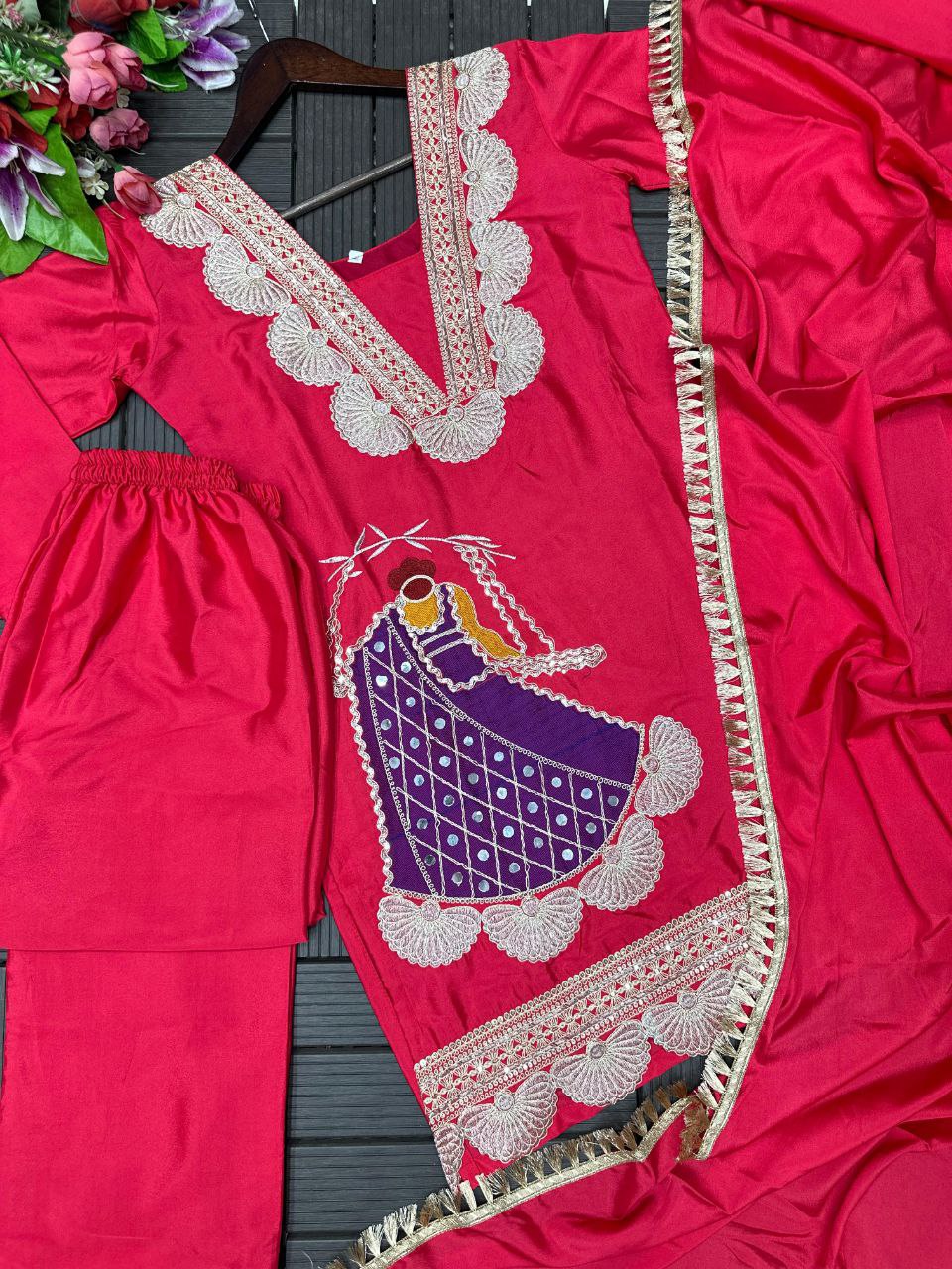 Festive Rani Pink Kurta Set with Peacock Embroidery & Gota Work