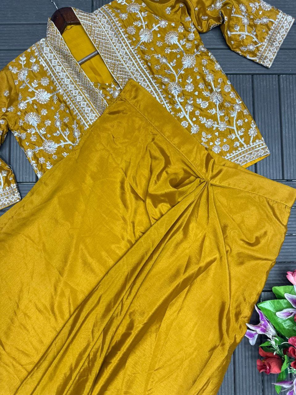 Embroidered Indo-Western Draped Skirt & Crop Top with Blazer Jacket