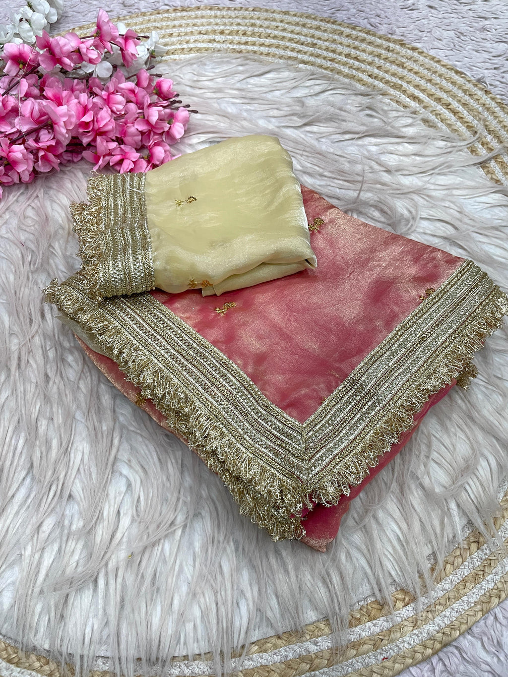 Fandy Satin Saree with Sequin Butti Work and Lace Border