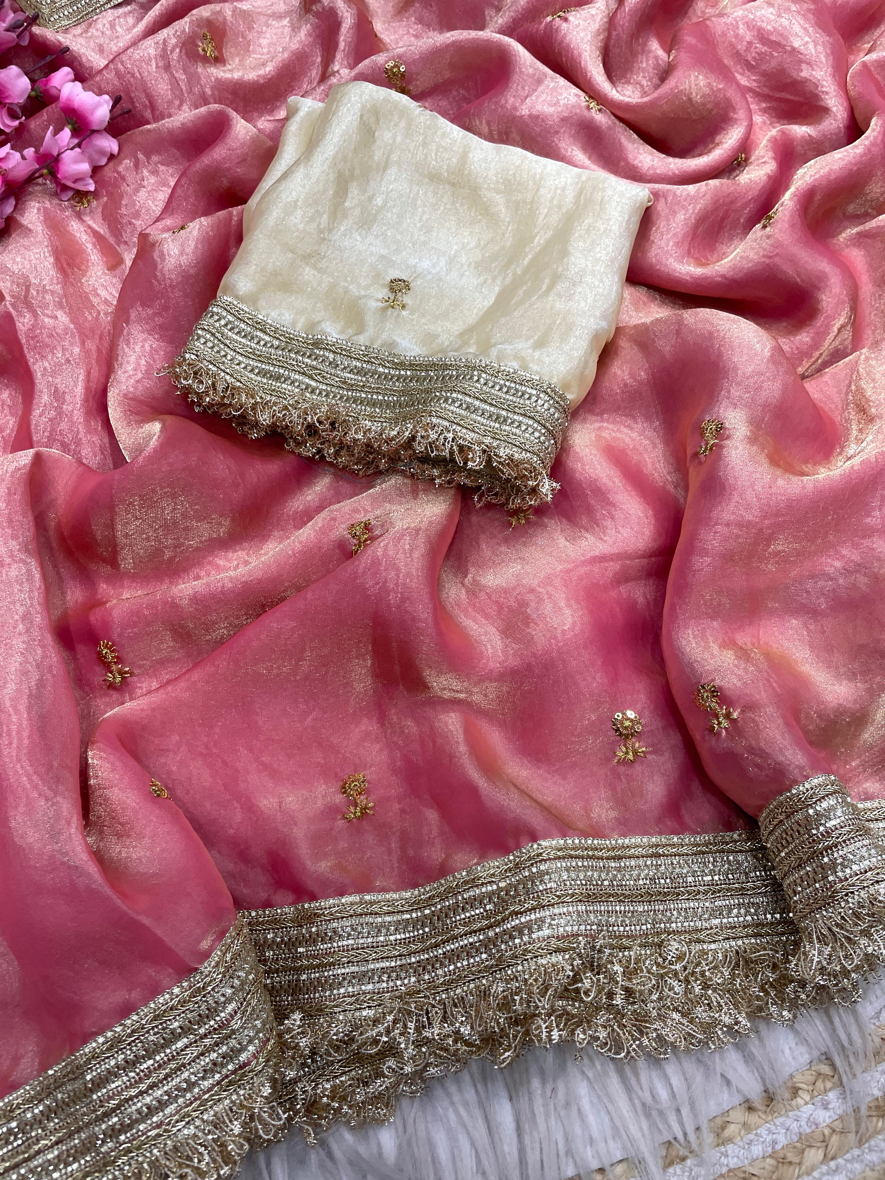 Fandy Satin Saree with Sequin Butti Work and Lace Border