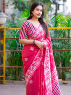 Hot Pink Mul Cotton Printed Saree with Contrast Border - Pionex Fab