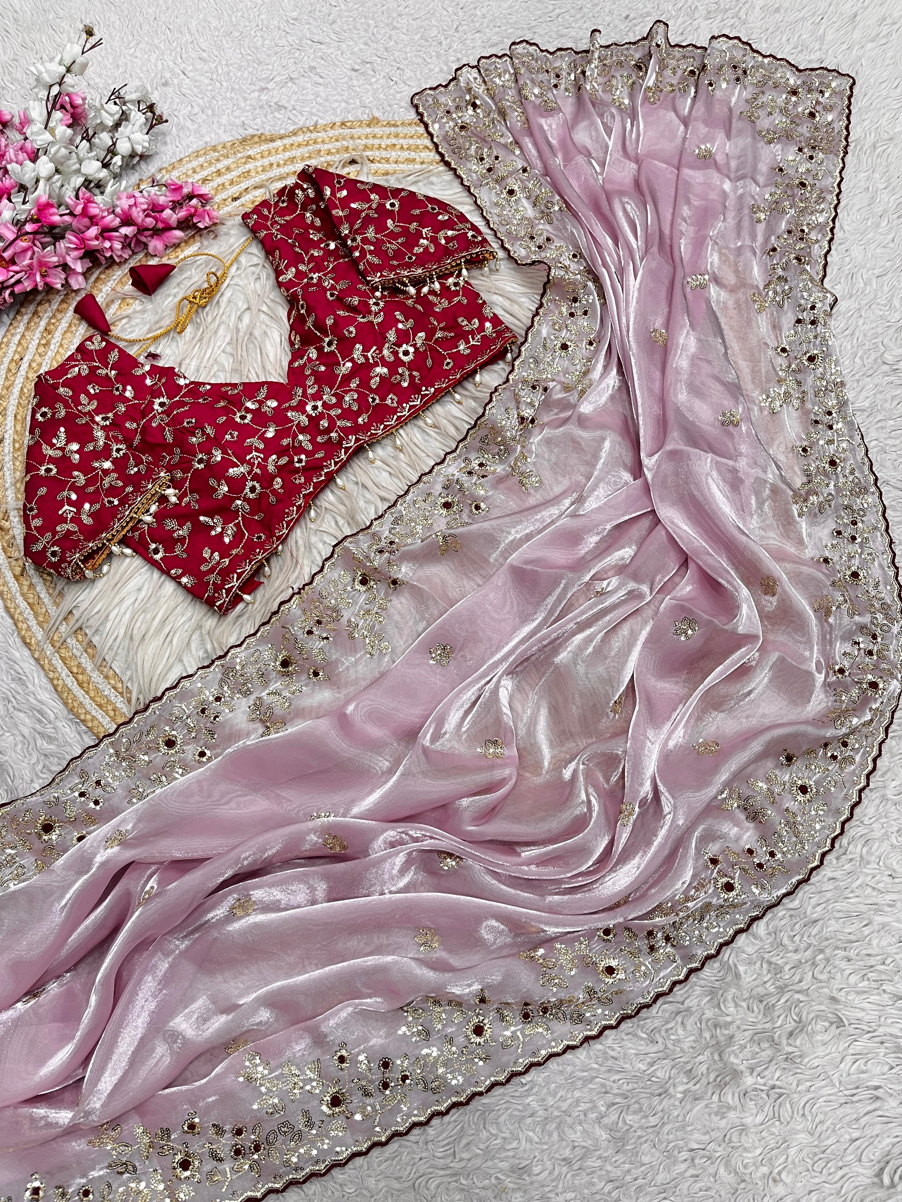 Fendy Satin Embroidered Saree With Stitched Blouse