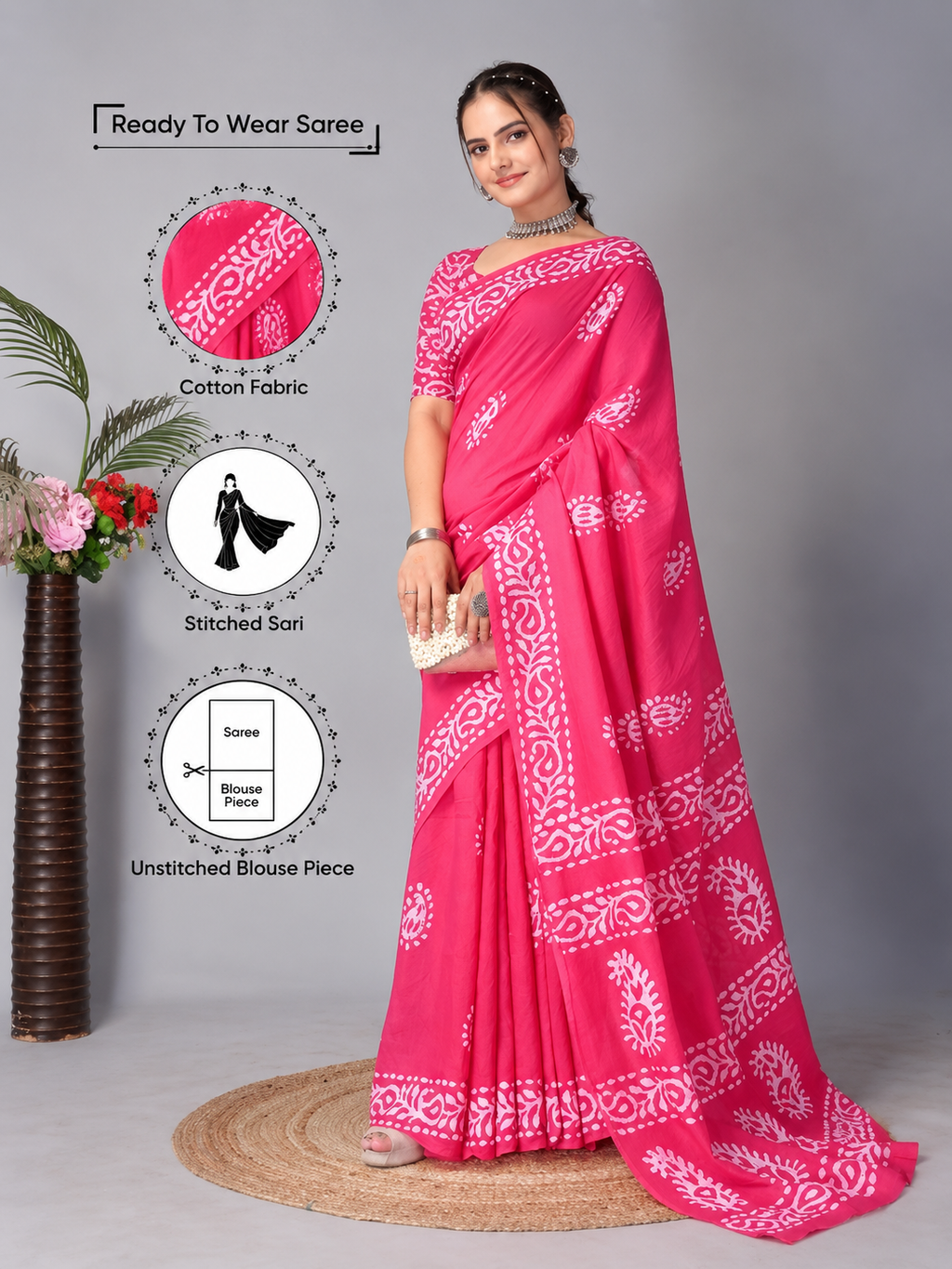 Ready to wear mulmul cotton printed saree – pink