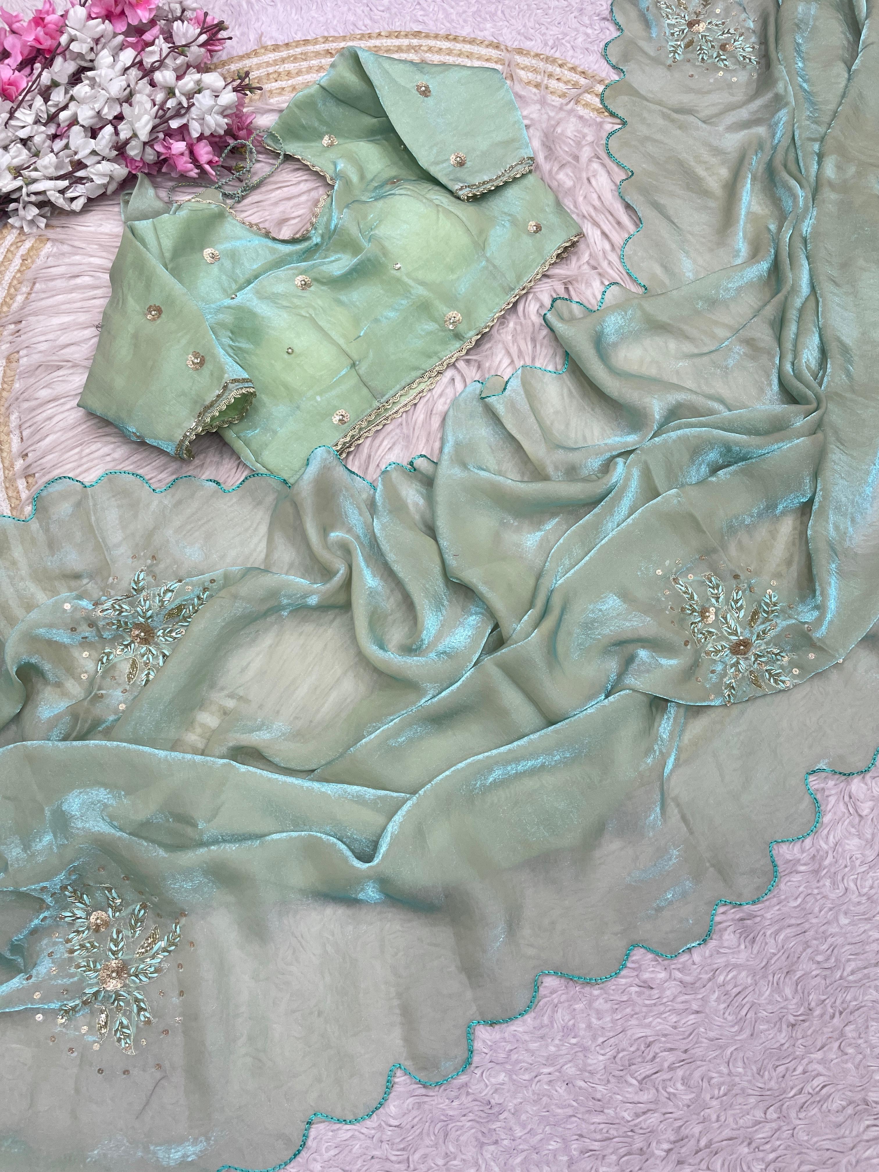 Fandy Satin Khatli Handwork Saree With Stiched Blouse