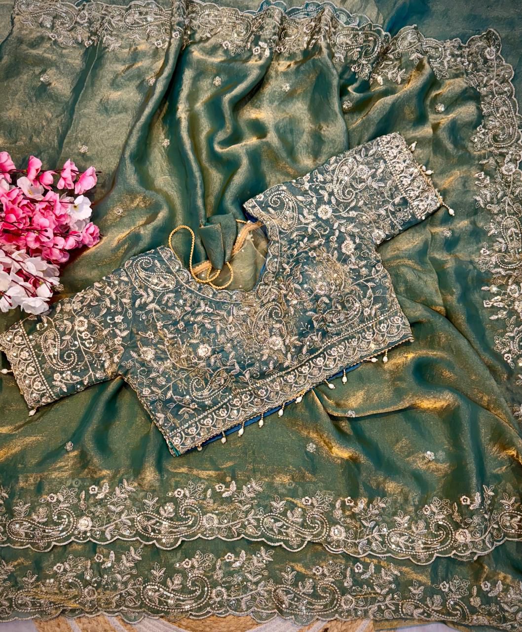 Fendy Satin Embroidered Saree With Stitched Blouse