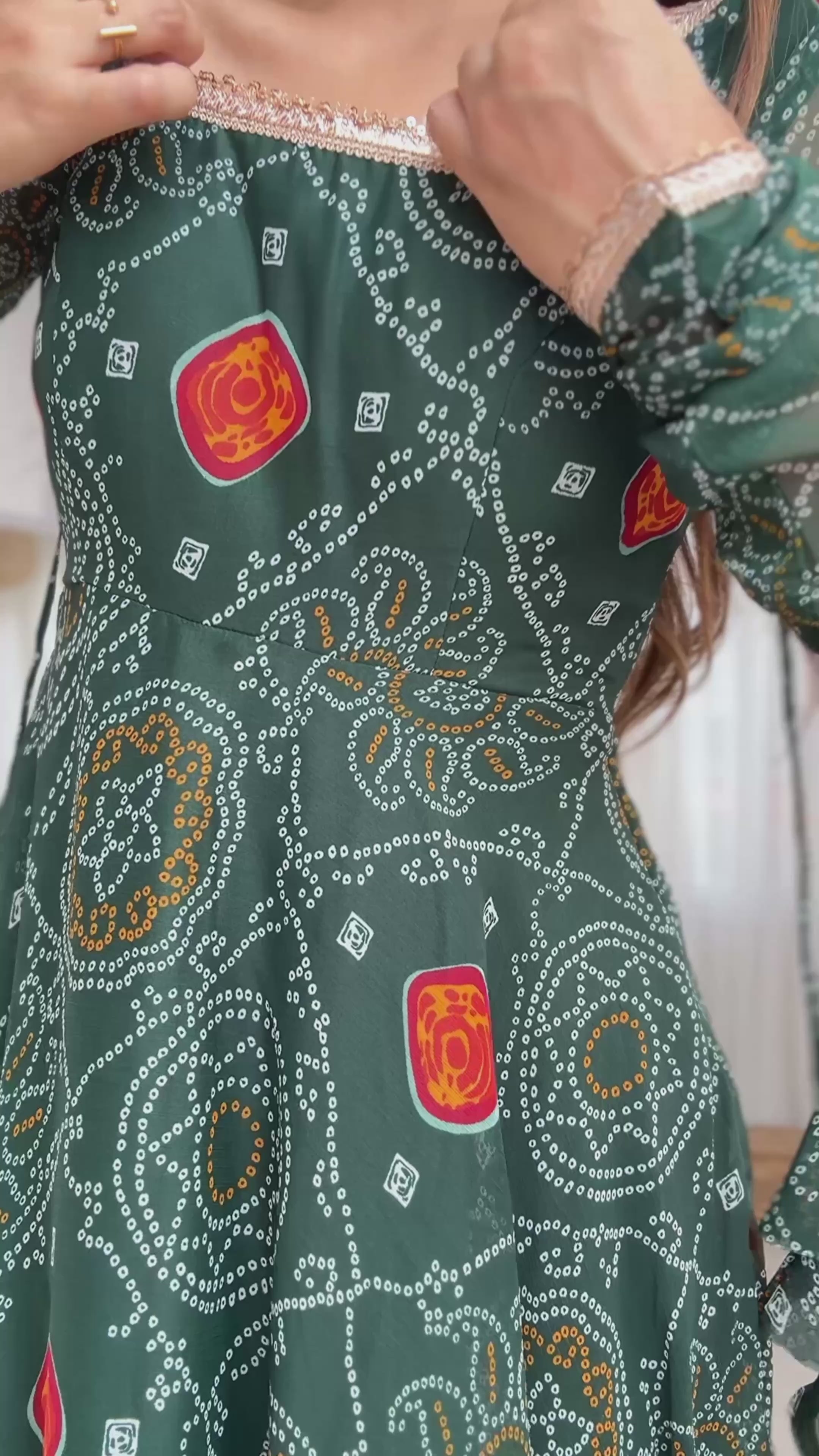 Women Bandhej Printed Chiffon Anarkali Kurta with Dupatta Set