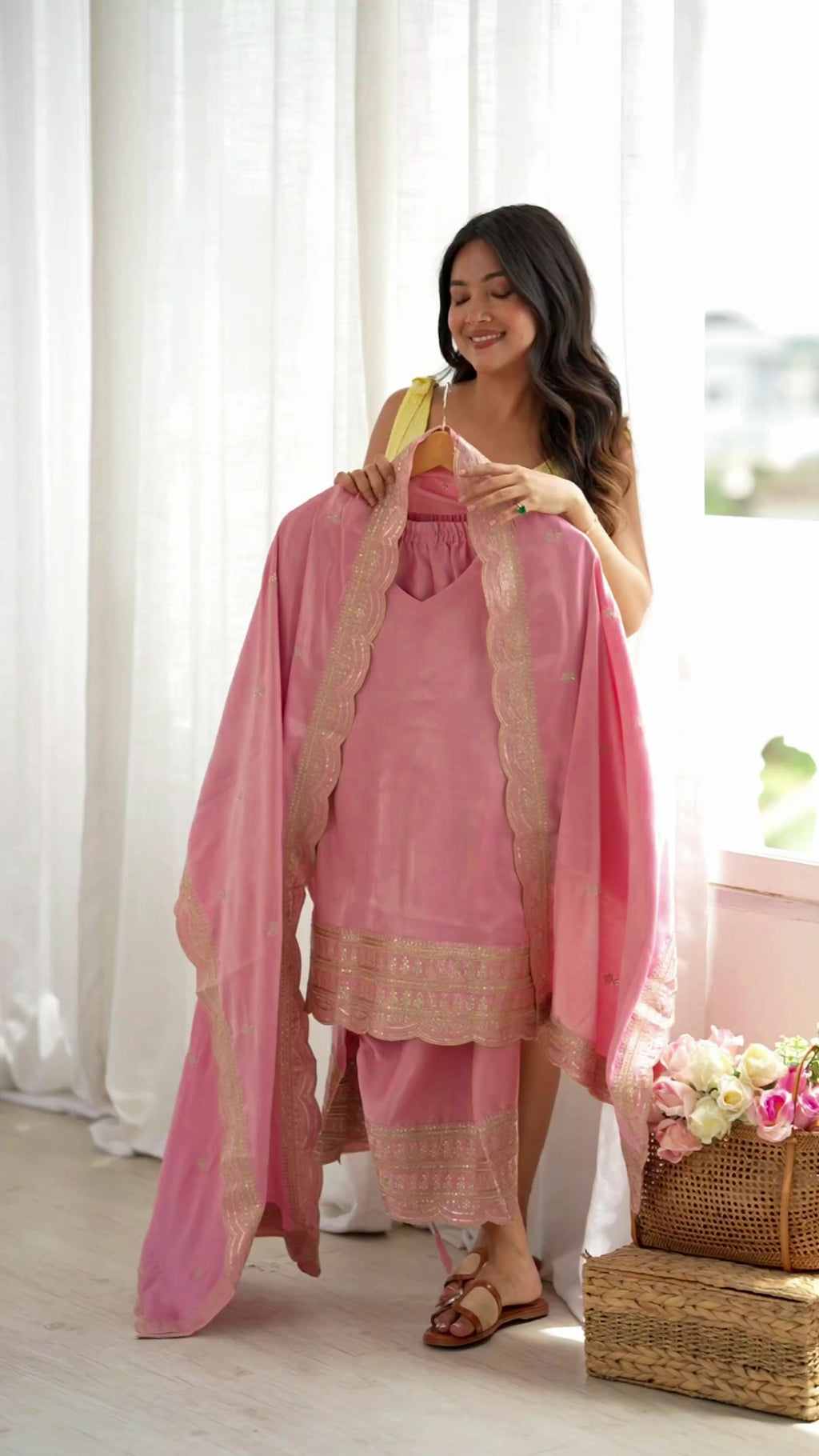 Dusty Roman Silk Embroidered Kurta, Farshi Shalwar & Dupatta Set