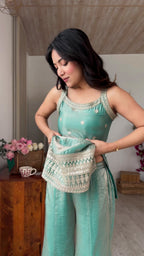 Women Seagreen & Dusty Pink Embroidered Fendy Silk Kurta Set