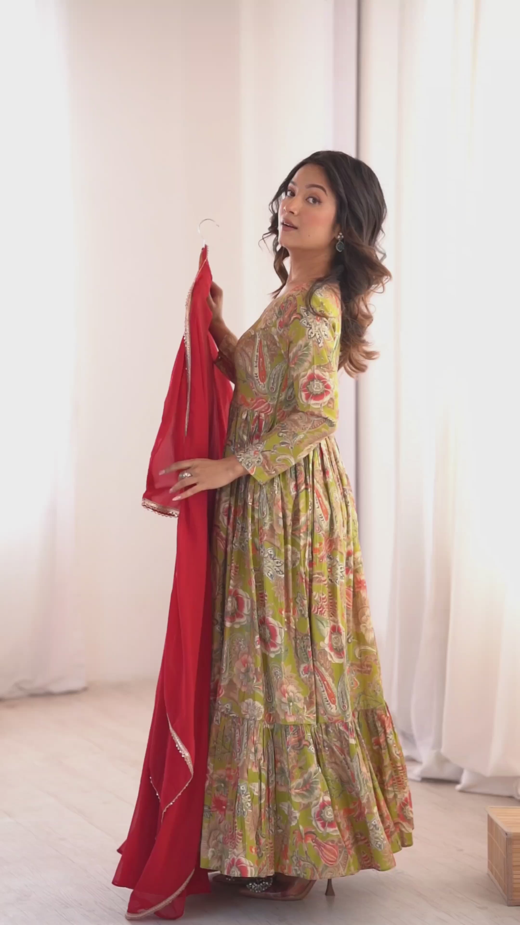 Women Red Solid Georgette Anarkali Kurta with Dupatta