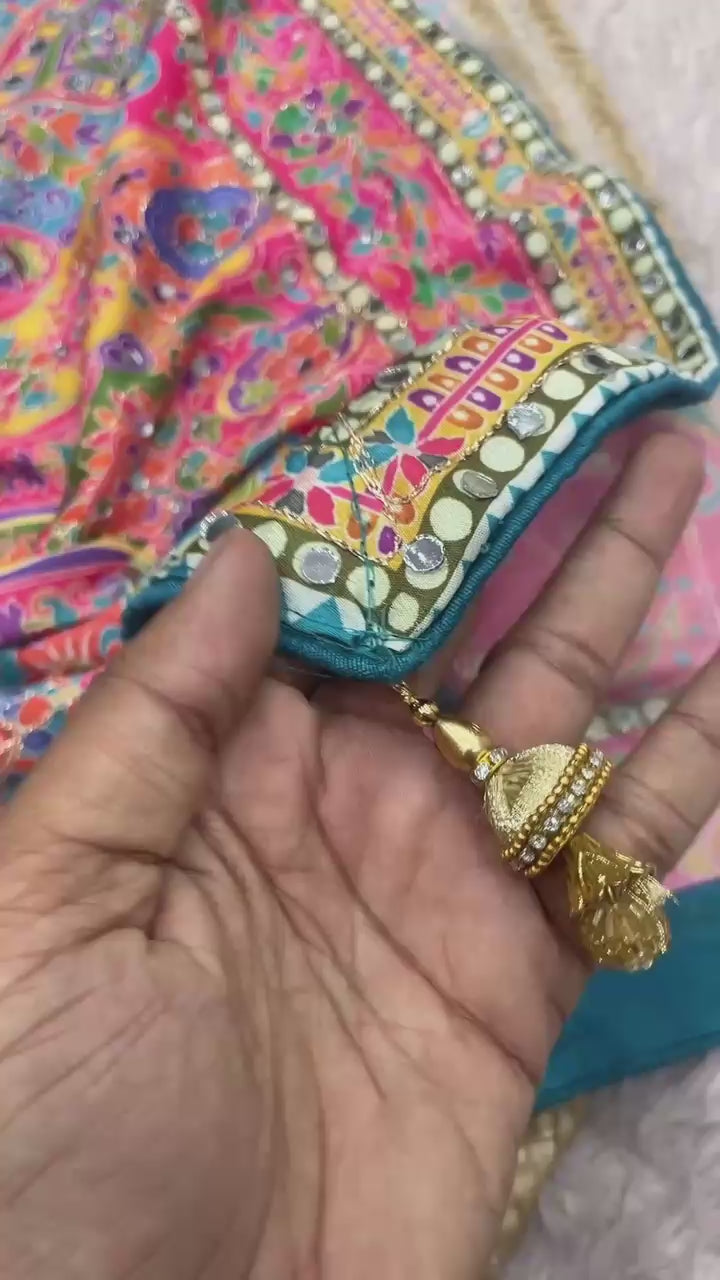 Chinnon Digital Print WIth Aari Work & Original Mirror Work Saree