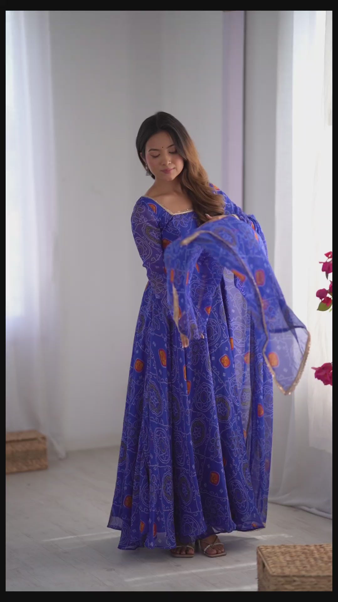 Women Bandhej Printed Chiffon Anarkali Kurta with Dupatta Set