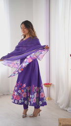 Women Floral Printed Organza Silk Flared Anarkali Kurta Set
