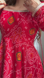 Women Bandhej Printed Chiffon Anarkali Kurta with Dupatta Set