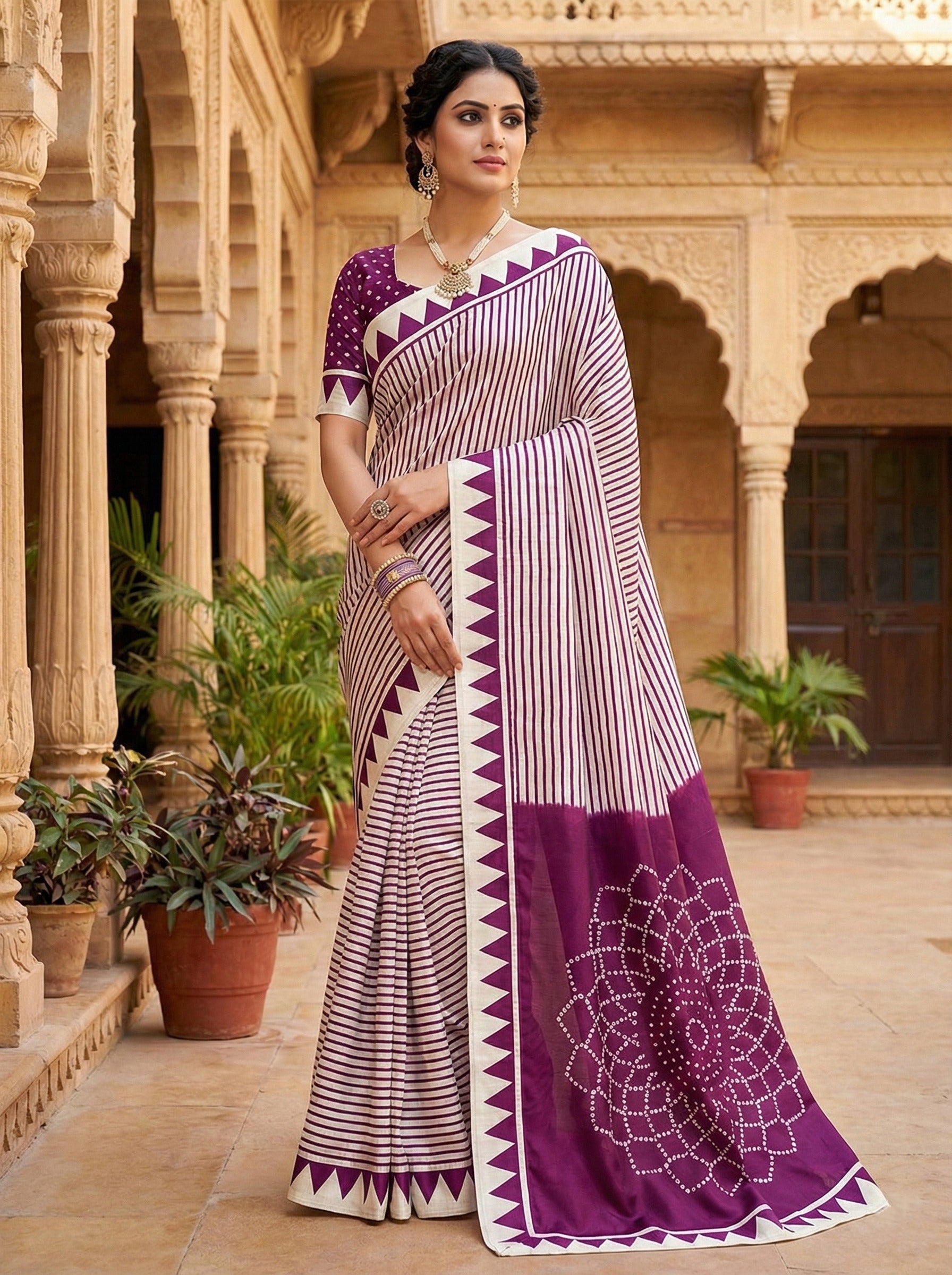 Crepe Silk Geometric Stripes & Traditional Bandhani Print Saree