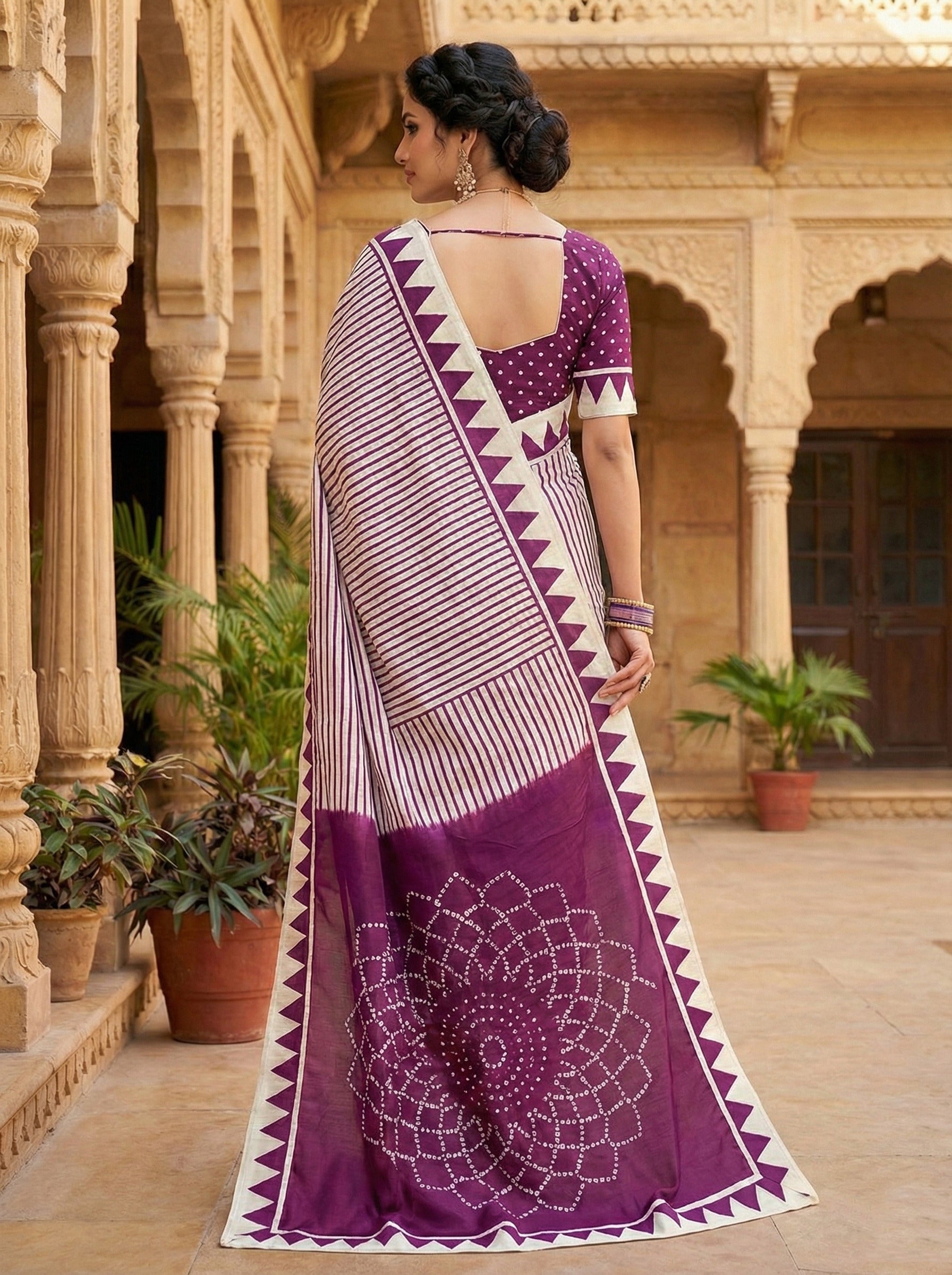 Crepe Silk Geometric Stripes & Traditional Bandhani Print Saree