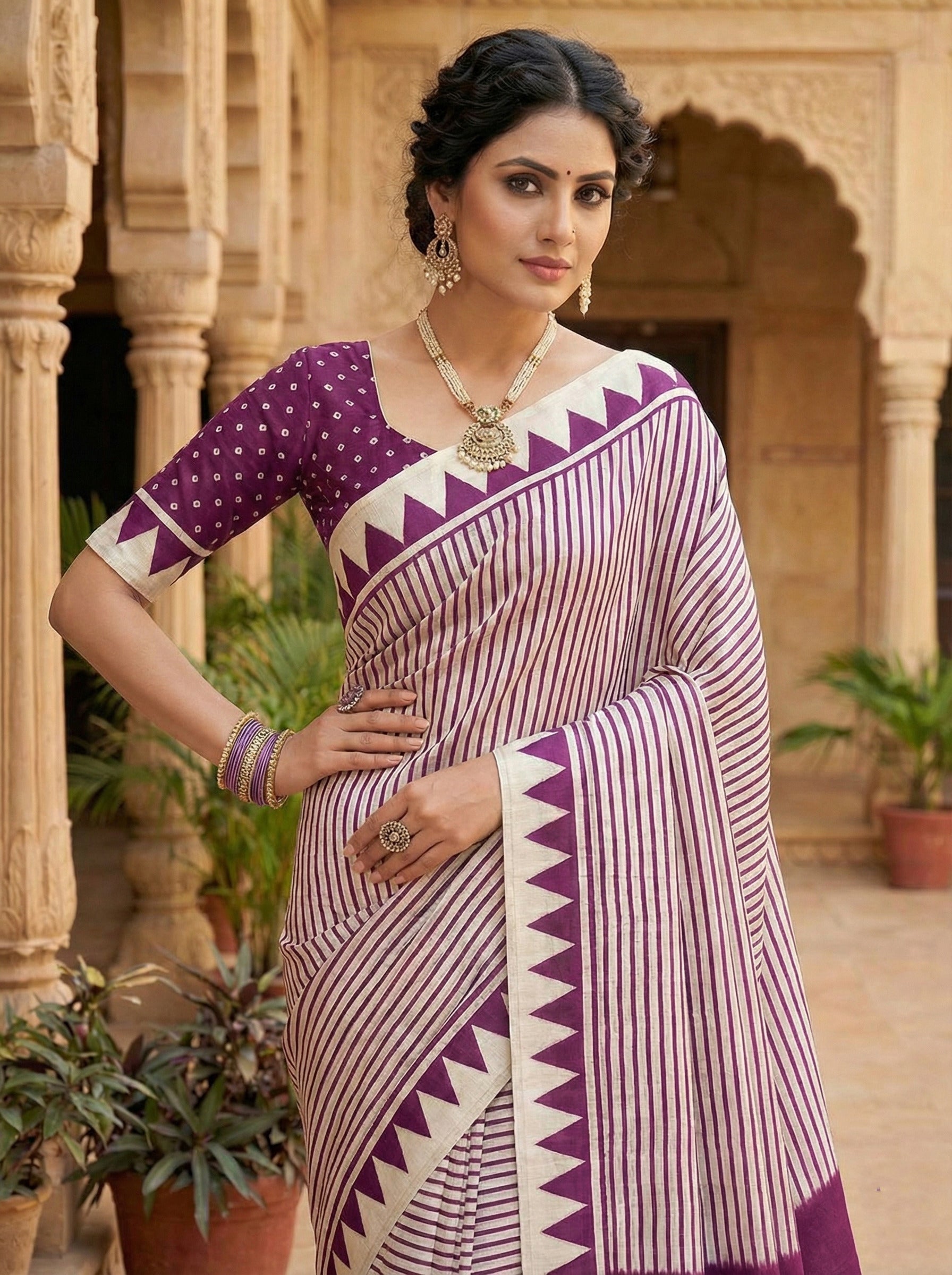 Crepe Silk Geometric Stripes & Traditional Bandhani Print Saree