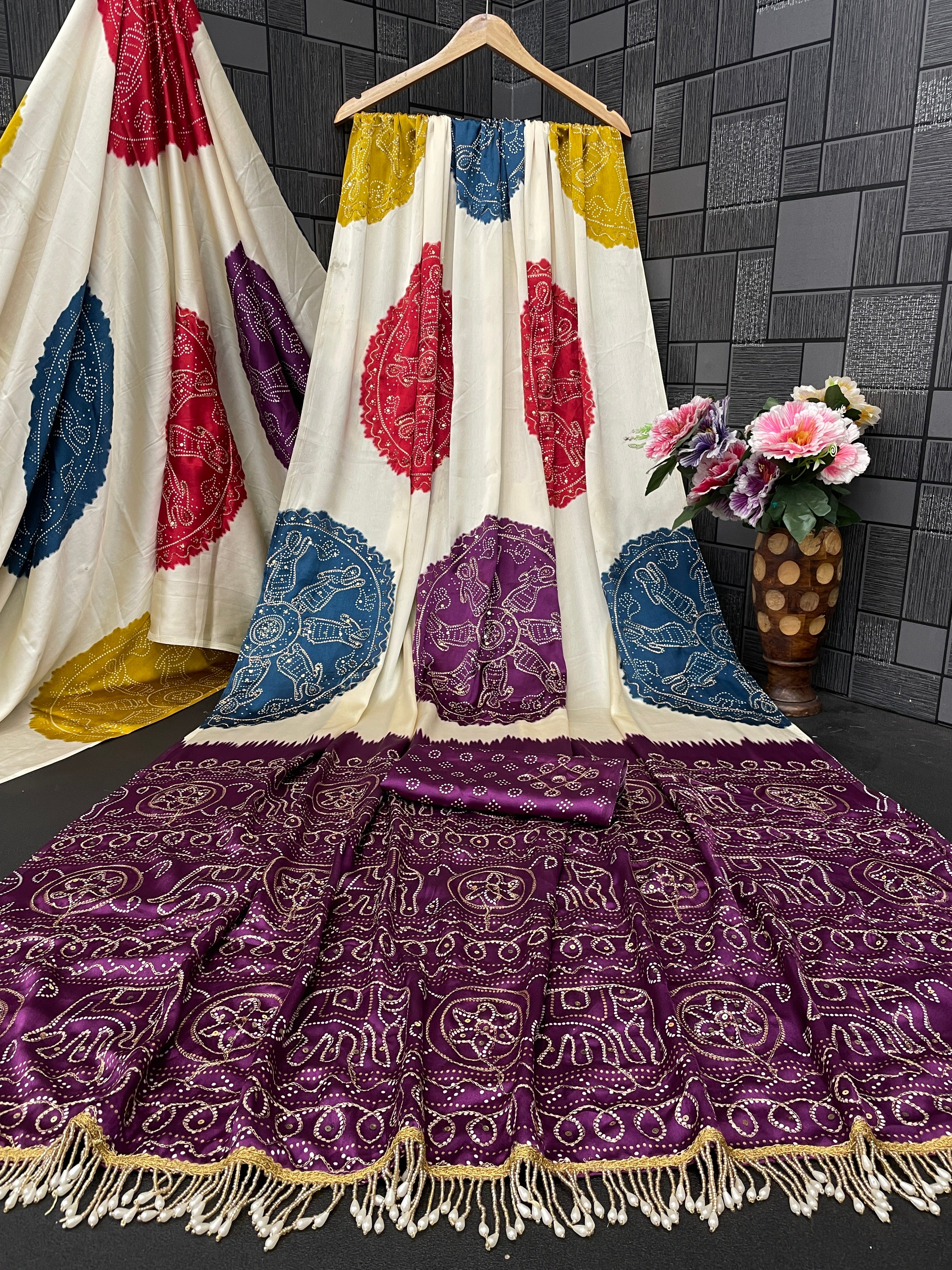 Satin Silk Saree with Bandhani Style Circular Motifs & Tassel Border