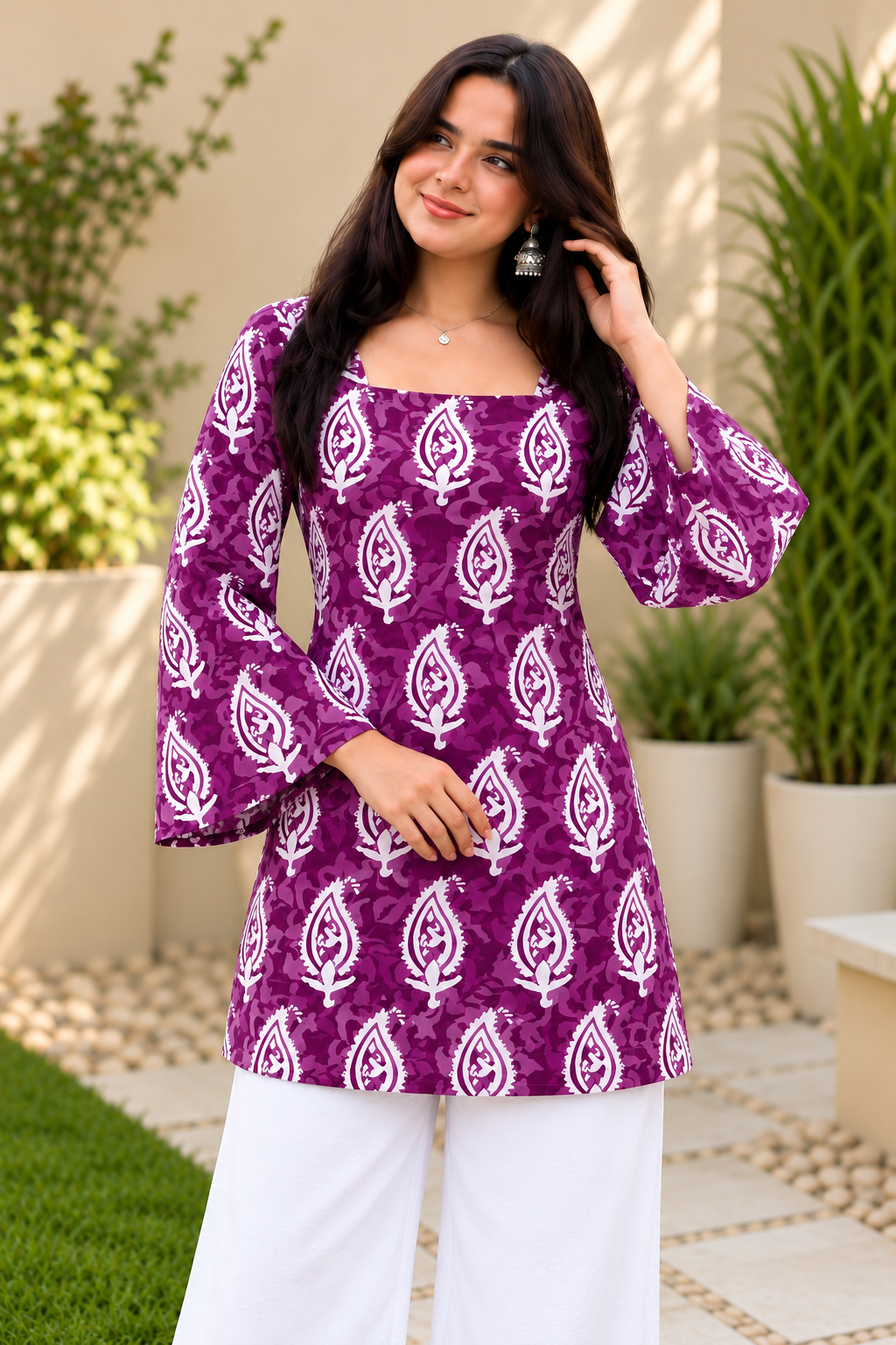 Women Printed Pure Cotton Bell Sleeve Tunic