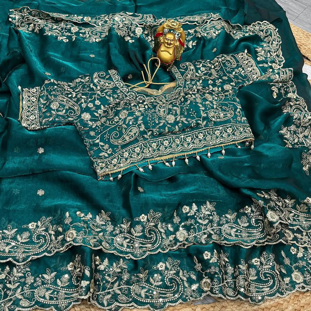 Fendy Satin Embroidered Saree With Stitched Blouse