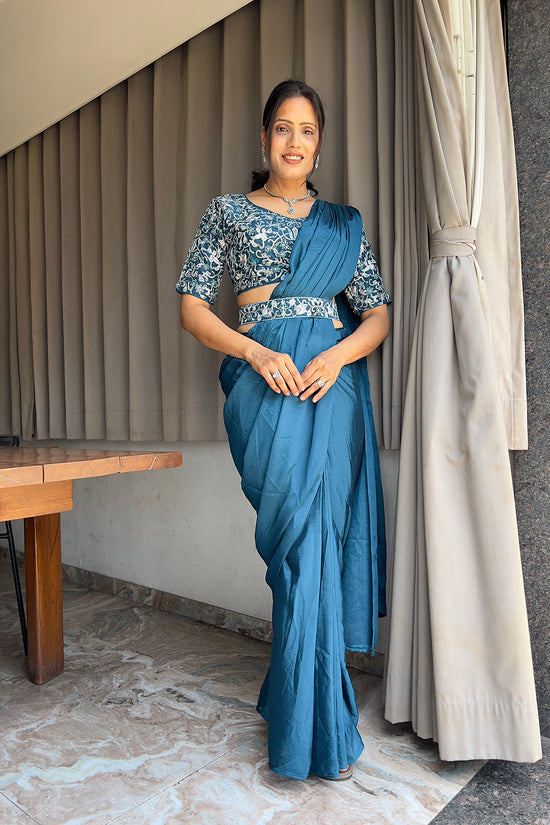 Ready To Wear Chinon Embroidery Work Saree With Stitched Blouse