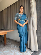 Ready To Wear Chinon Embroidery Work Saree With Stitched Blouse