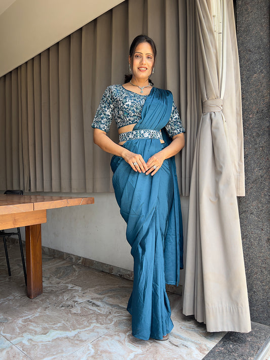 Ready To Wear Chinon Embroidery Work Saree With Stitched Blouse