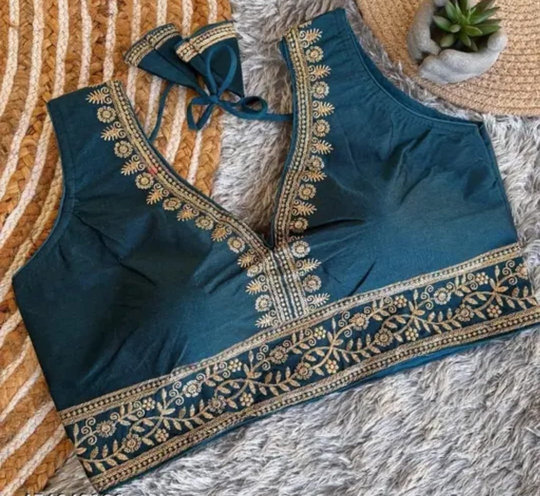 Vichitra Silk Sequin Embroidered Blouse with V-Neck & Tussels