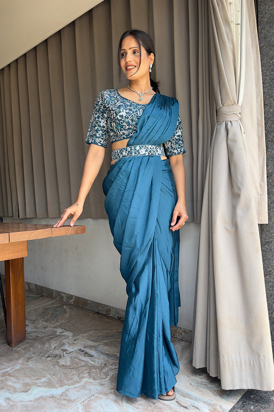 Ready To Wear Chinon Embroidery Work Saree With Stitched Blouse