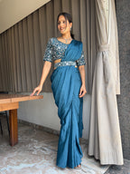 Ready To Wear Chinon Embroidery Work Saree With Stitched Blouse