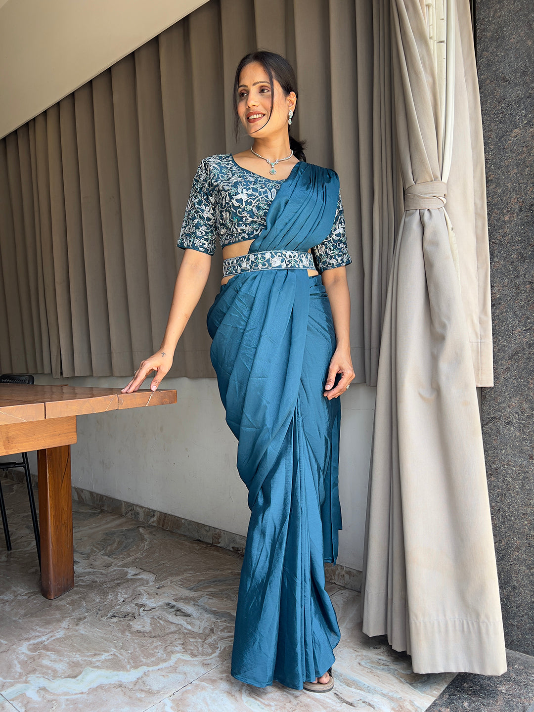 Ready To Wear Chinon Embroidery Work Saree With Stitched Blouse