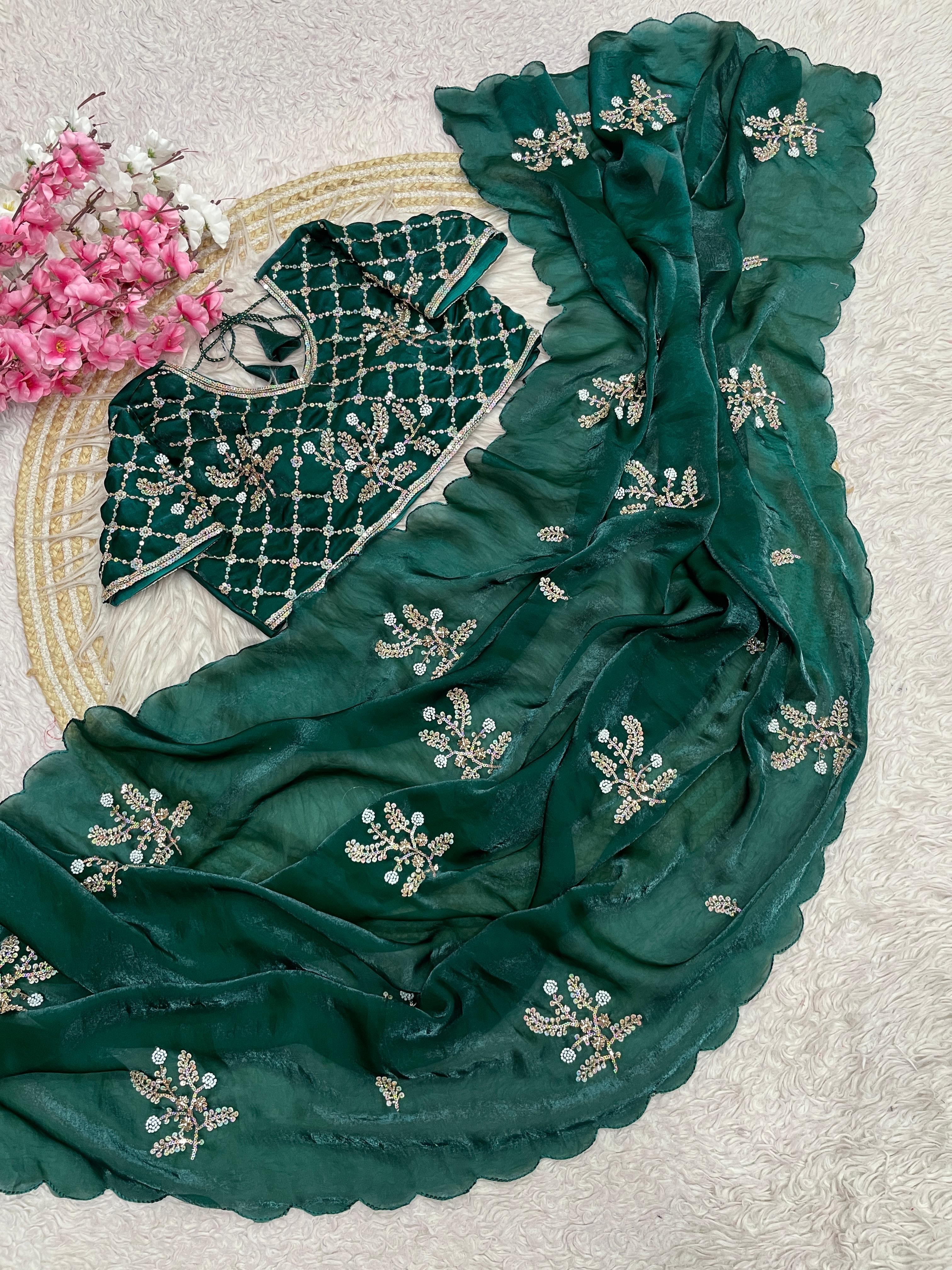 Fandy Satin Brits Work Saree With Stiched Blouse