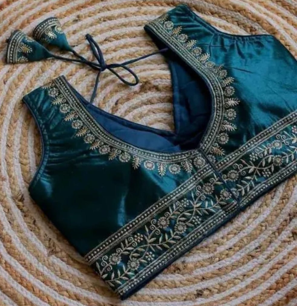 Vichitra Silk Sequin Embroidered Blouse with V-Neck & Tussels