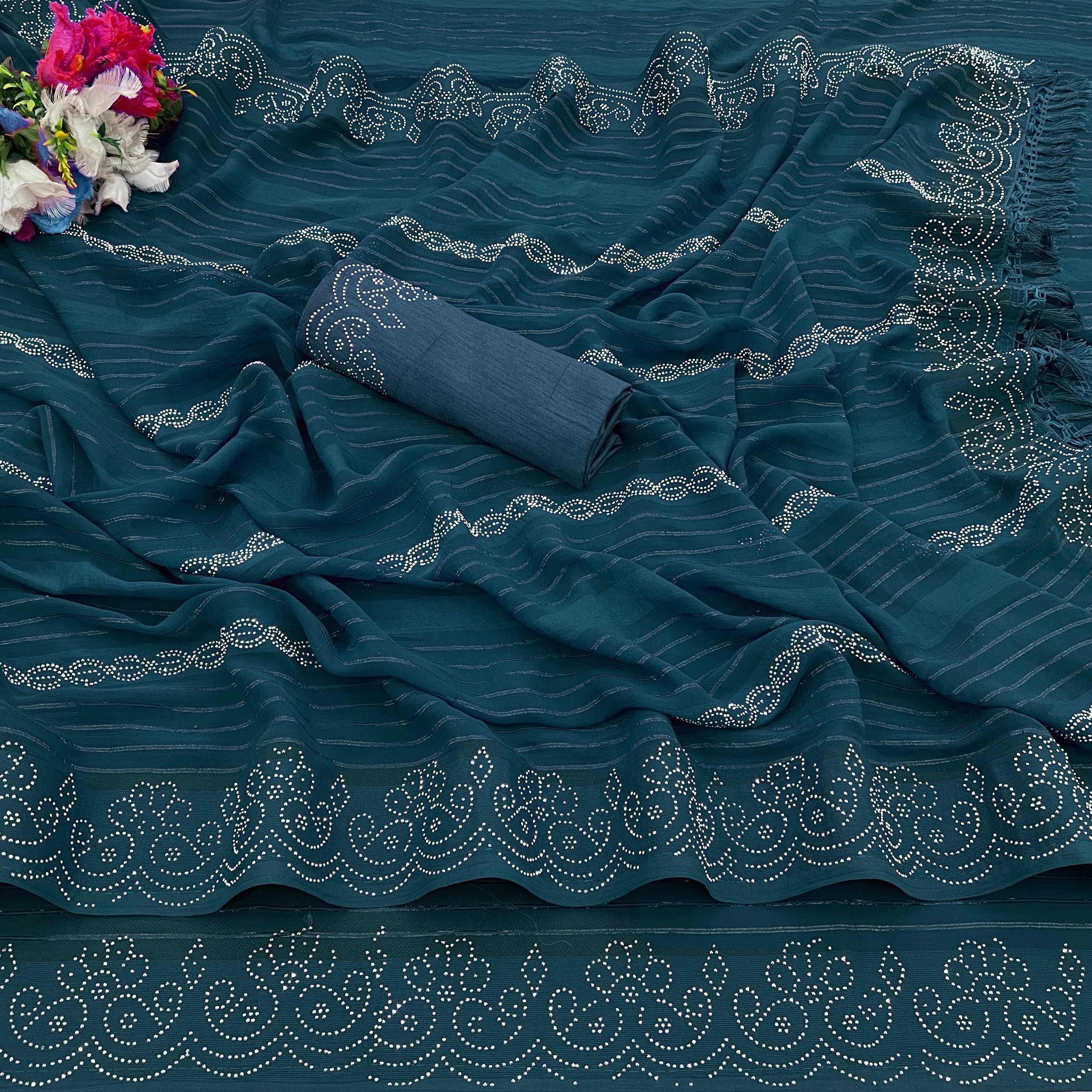 Georgette  Siroski Diamond Work Saree With Tassel