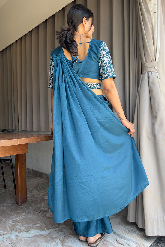 Ready To Wear Chinon Embroidery Work Saree With Stitched Blouse