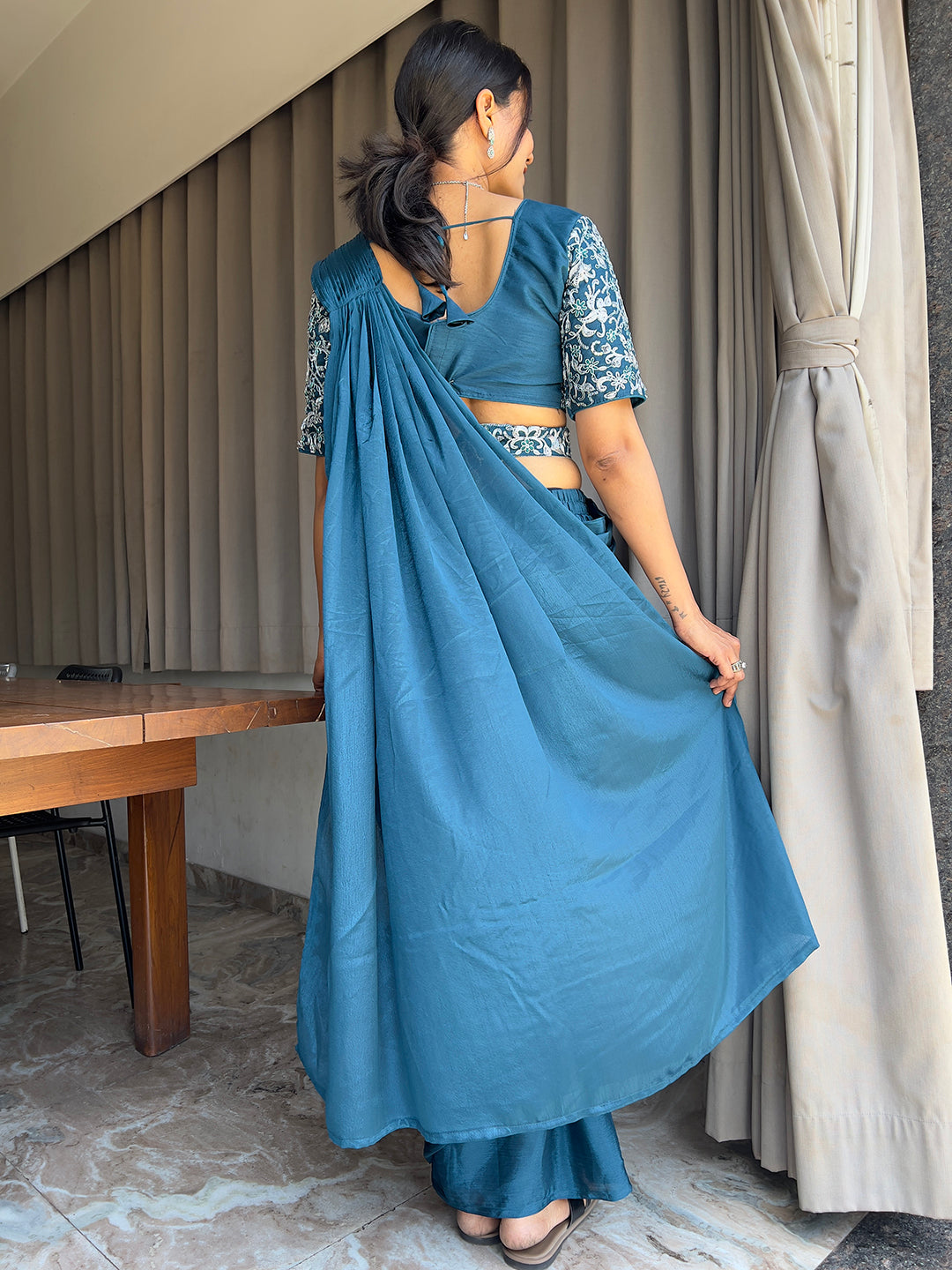 Ready To Wear Chinon Embroidery Work Saree With Stitched Blouse