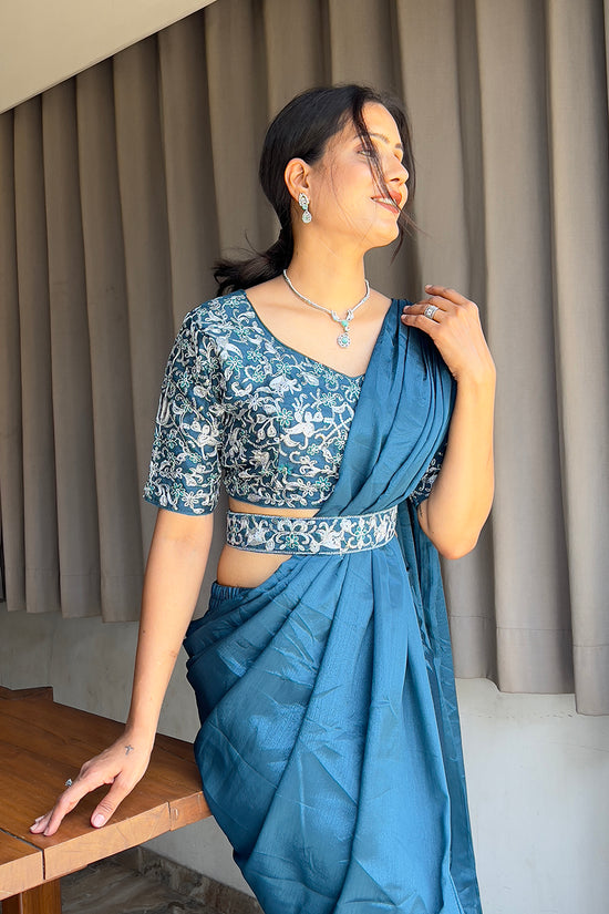 Ready To Wear Chinon Embroidery Work Saree With Stitched Blouse