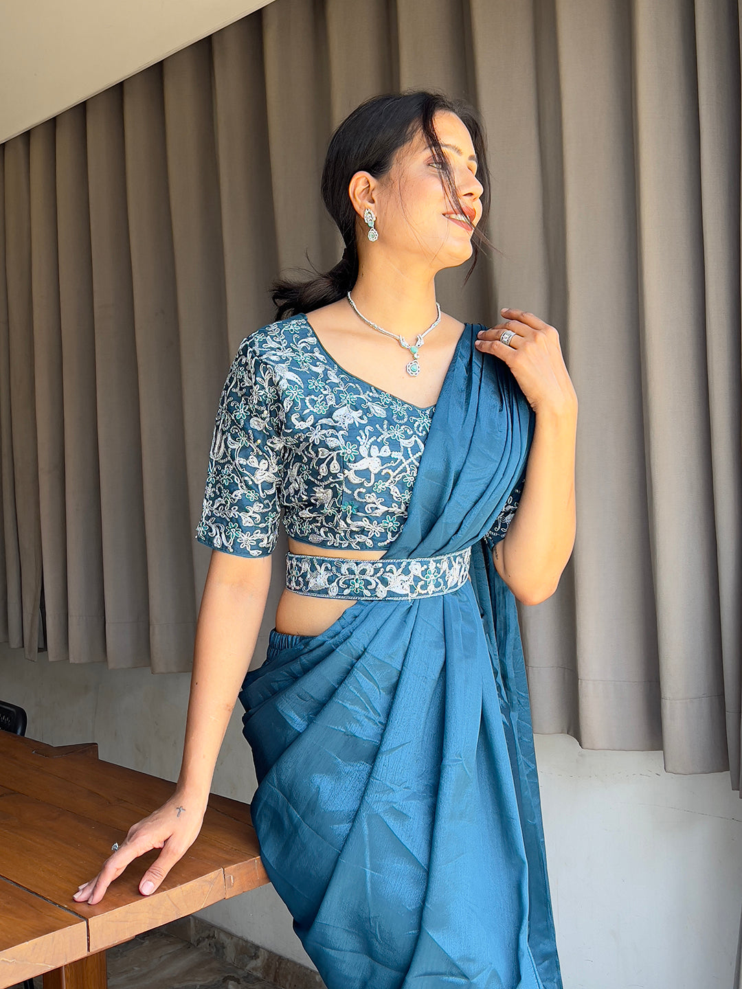 Ready To Wear Chinon Embroidery Work Saree With Stitched Blouse