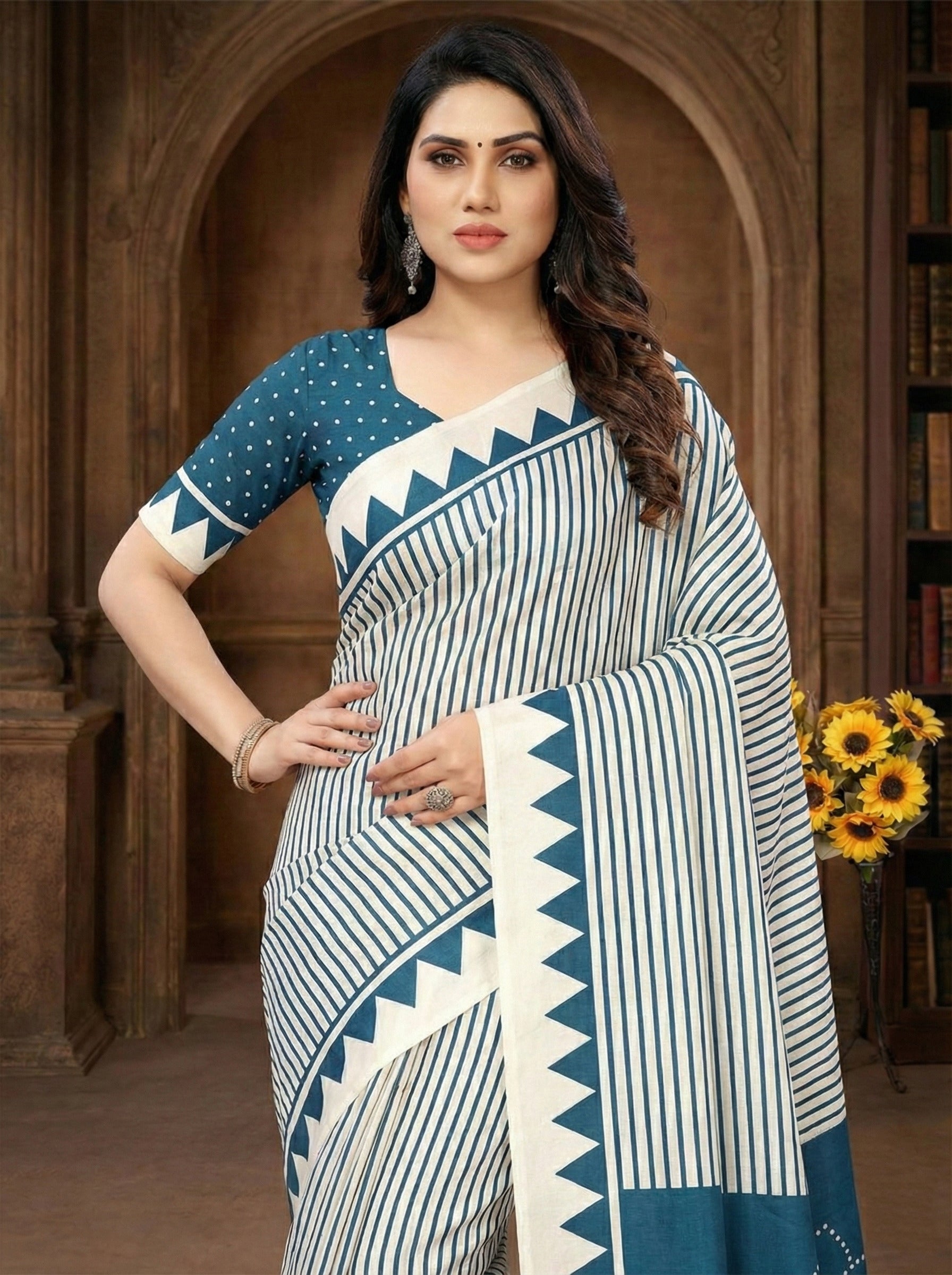 Crepe Silk Geometric Stripes & Traditional Bandhani Print Saree