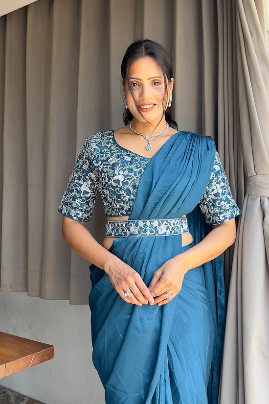 Ready To Wear Chinon Embroidery Work Saree With Stitched Blouse